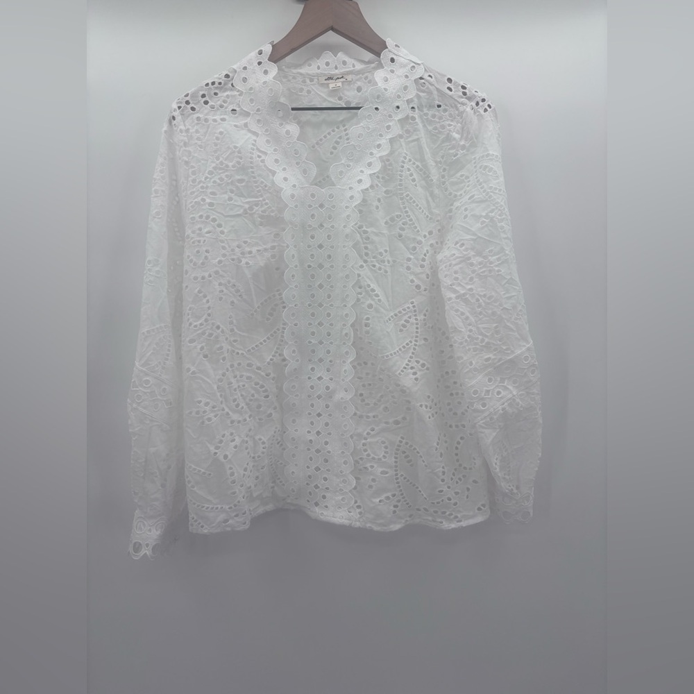 Ultra Pink Eyelet Long Sleeve Popover Blouse White Size Medium